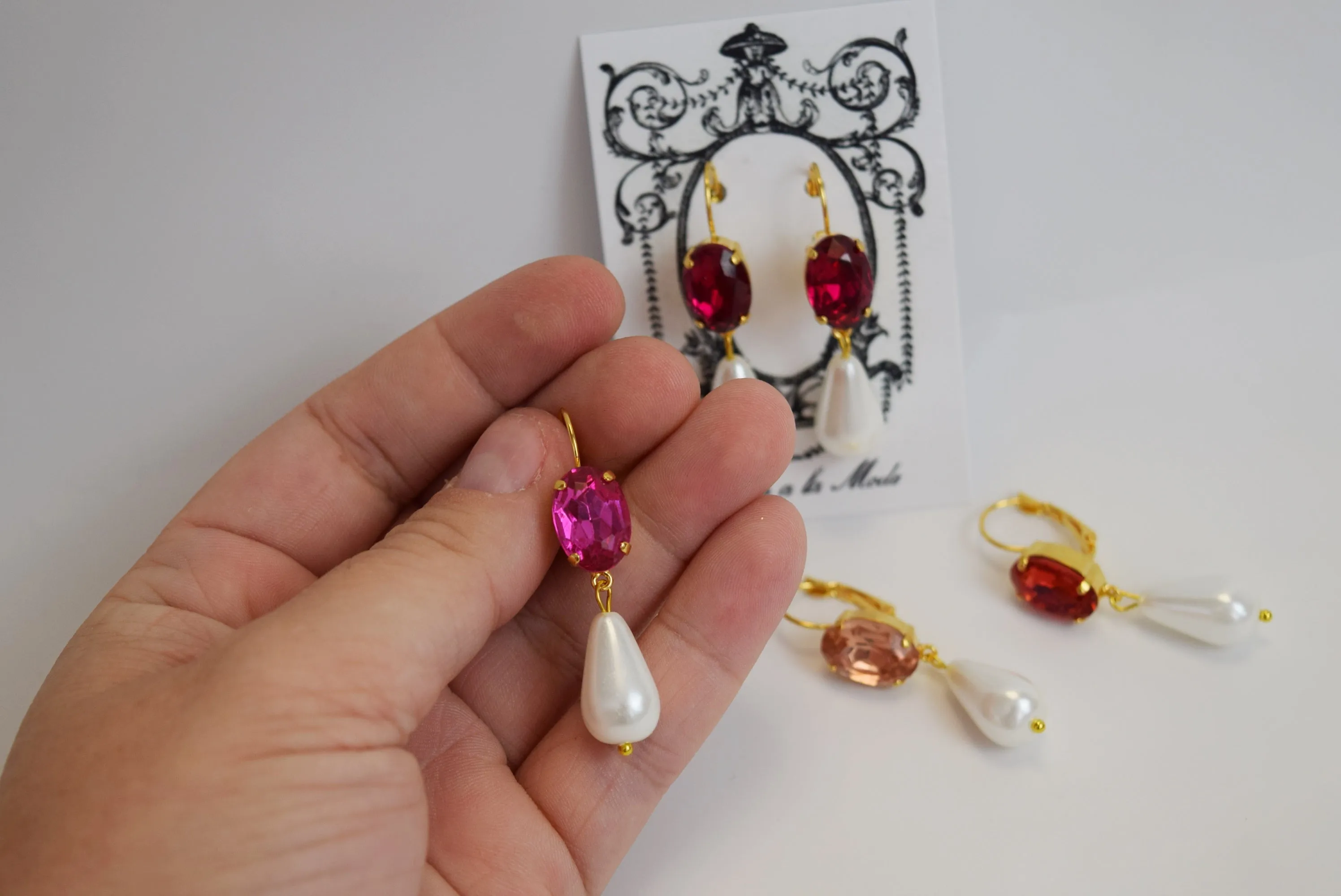 Pink Crystal and Pearl Earrings - Medium Oval Stone, Medium Pearl