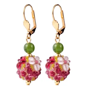 Pink Floral Lampwork Glass & Jade Earrings by KJK Jewelry