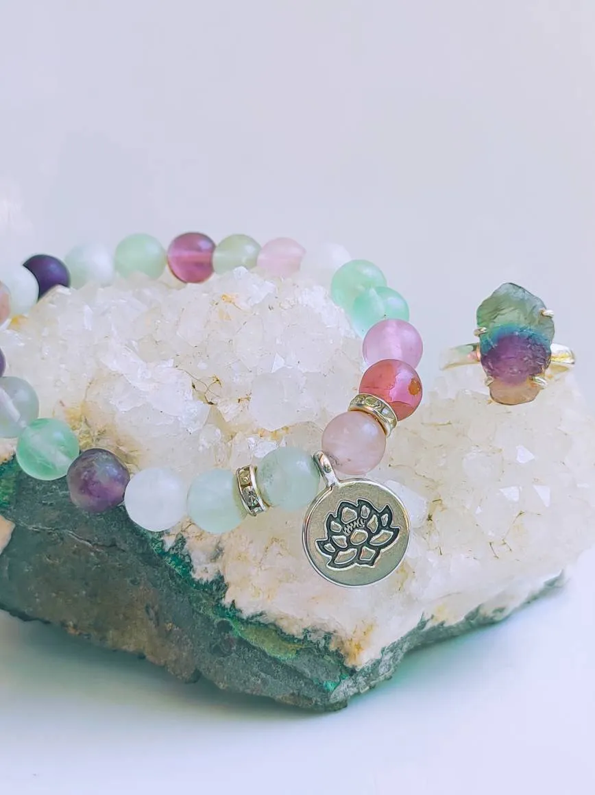 Rainbow Crystal Beaded Silver Lotus Bracelet