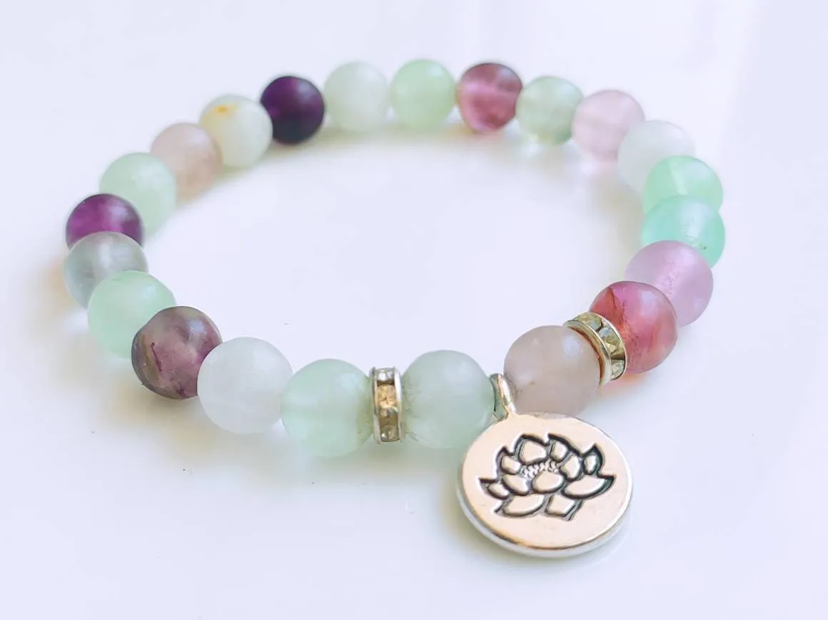 Rainbow Crystal Beaded Silver Lotus Bracelet