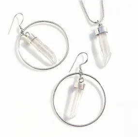 Raw Clear Quartz Crystal Point Hoop Earrings & Pendant Necklace Set