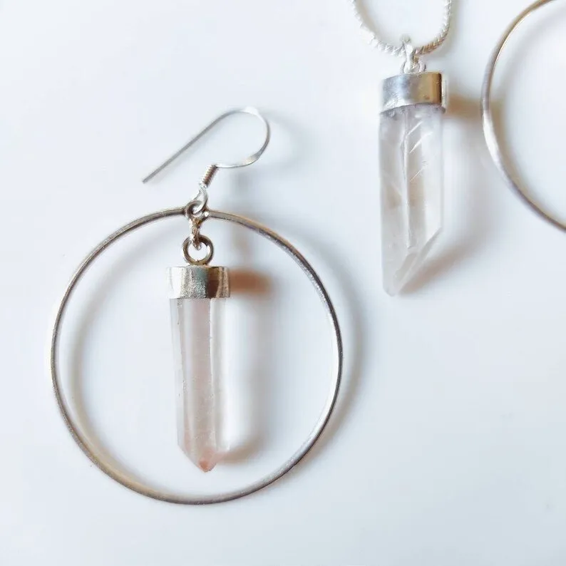 Raw Clear Quartz Crystal Point Hoop Earrings & Pendant Necklace Set