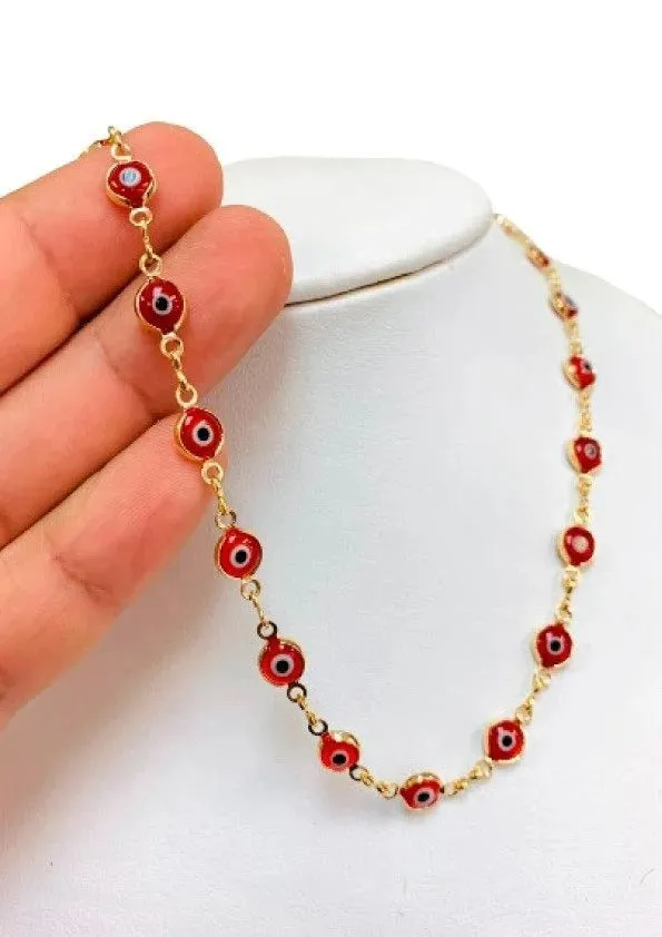 Red Evil Eye Chain Necklace  17.5" GF Fashin Elegant Cadena Mal de Ojo Oro Laminado