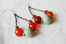 Red Orange Carnelian Dyed Jade and Leather Drop Hoop Earrings, The La Paz Earrings