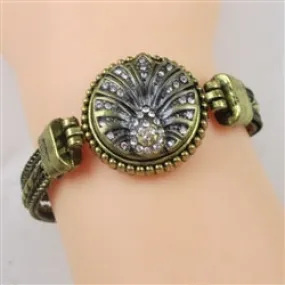 Rhinestone Peacock & Antique Brass Bangle Bracelet