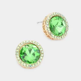 Rhinestone Trimmed Round Stone Peridot Green Evening Earrings