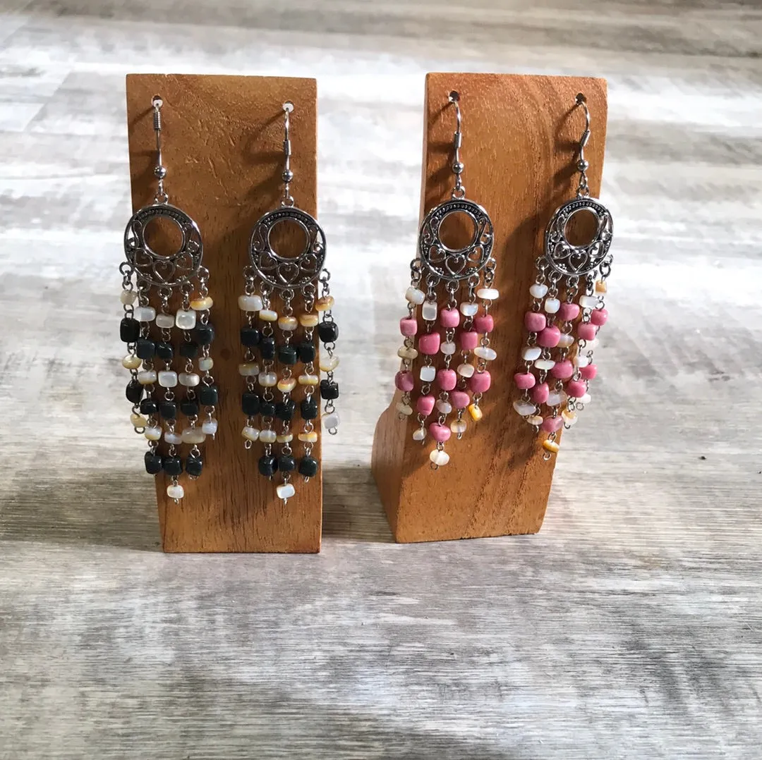 Rhodonite and Black Jade Dangle Earrings with Vintage silver rings