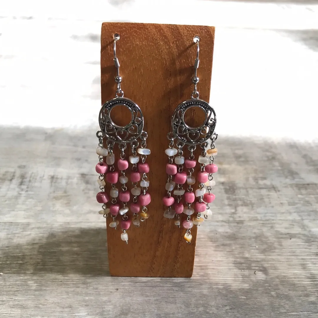 Rhodonite and Black Jade Dangle Earrings with Vintage silver rings