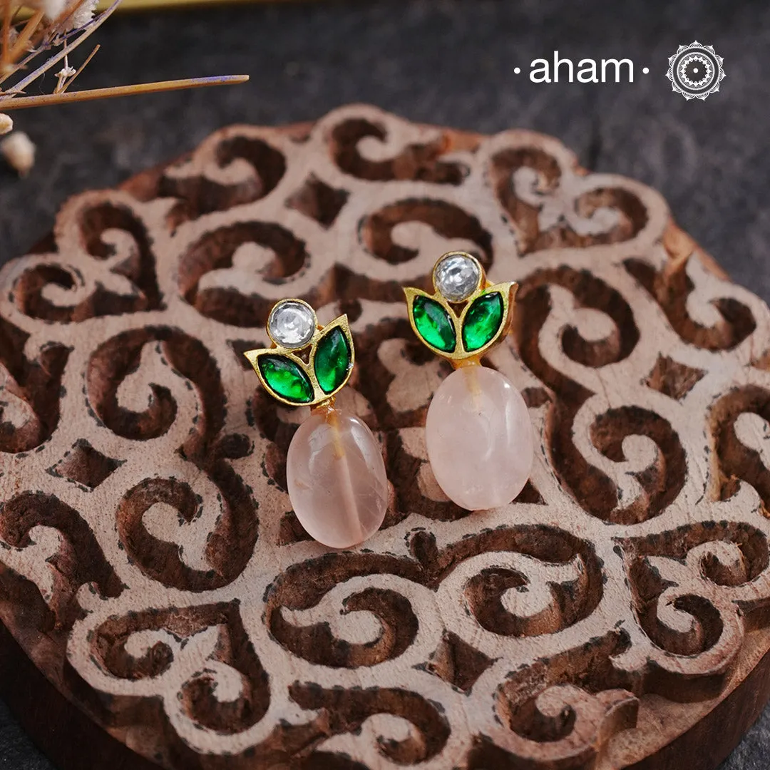 Rose Quartz Bead with White & Green Kundan Gold Polish Silver Earrings