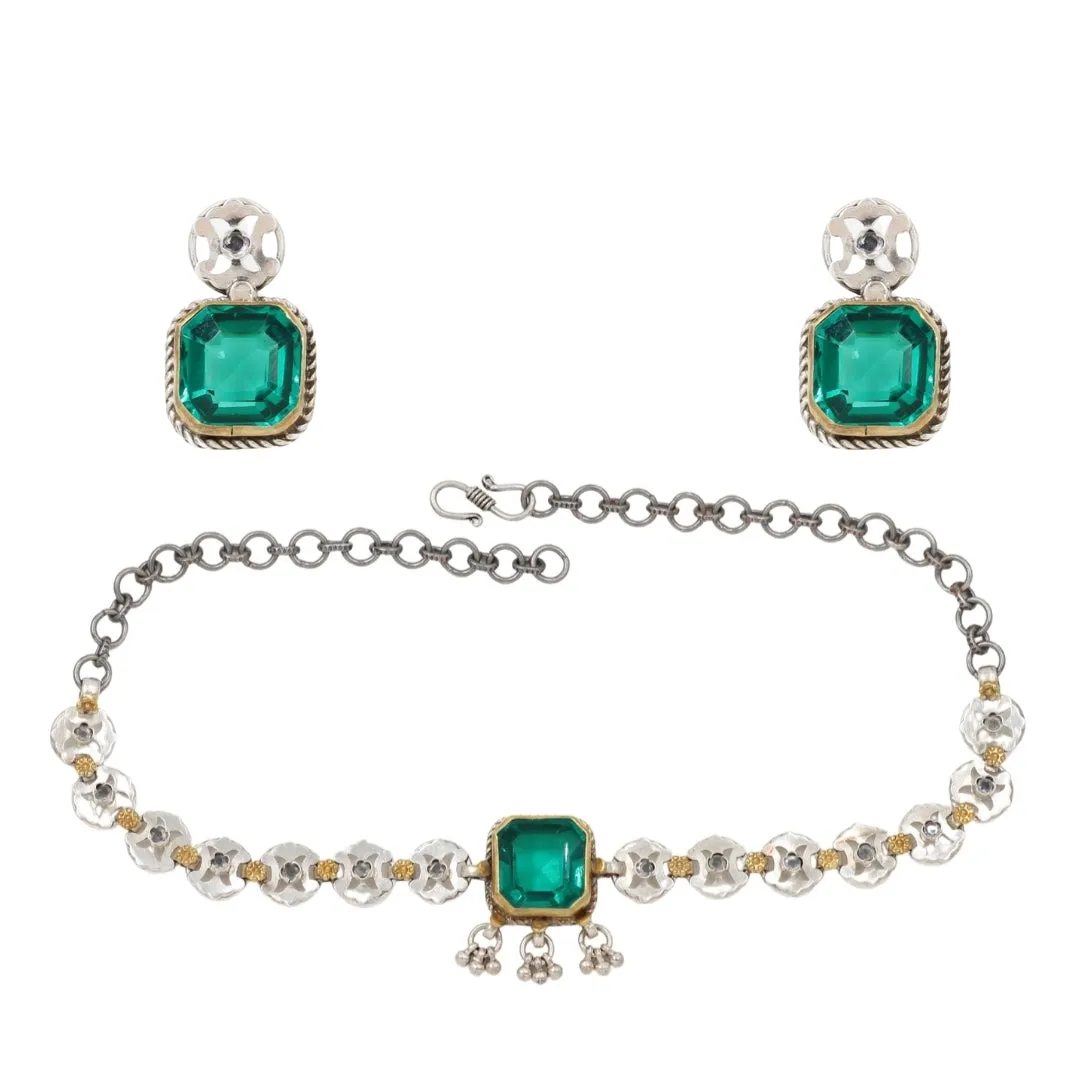 Royal Elegance: Sangeeta Boochra Silver Emerald Necklace and Earring Set