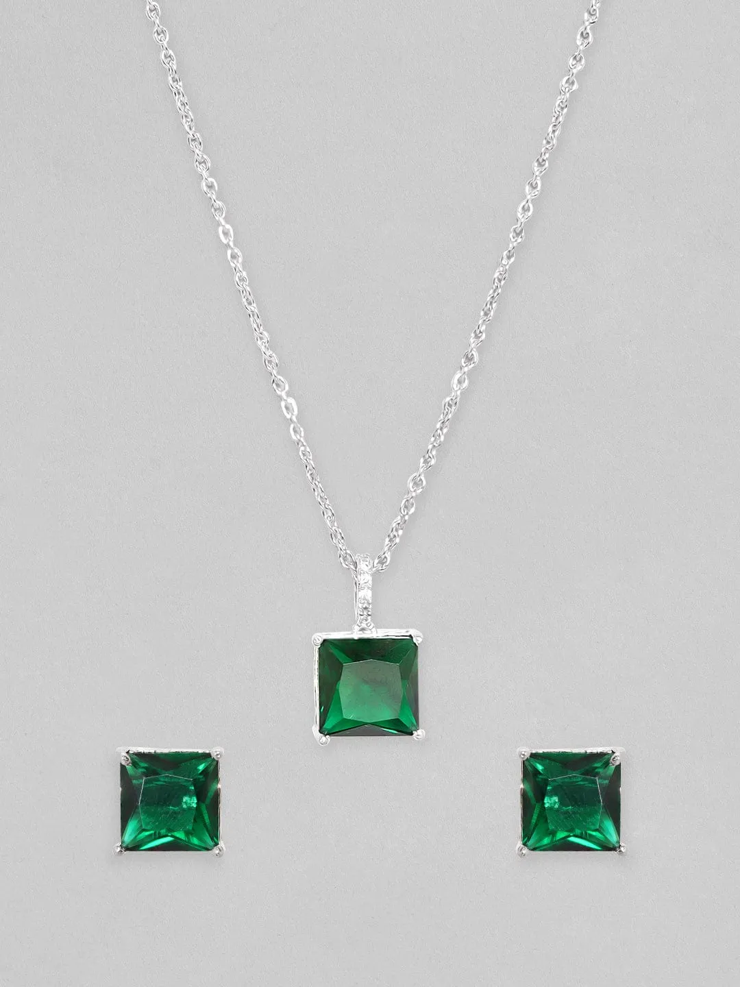 Rubans Rhodium Plated Emerald Green Zirconia Studded Pricess Cut Pendant Set