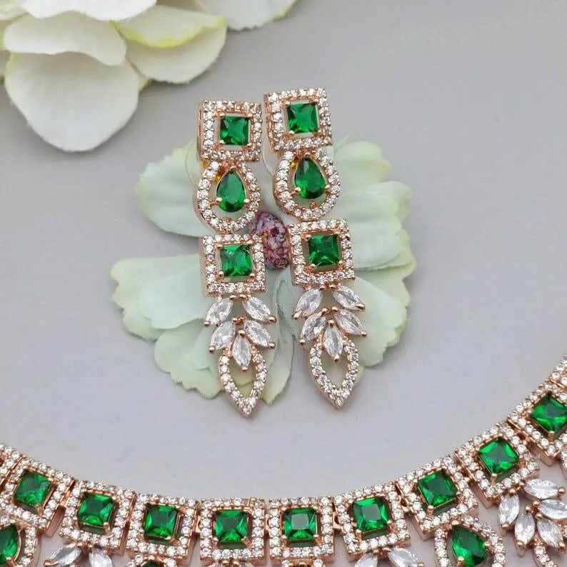 Ruma Rose Gold Emerald Green American Diamond CZ Necklace Set