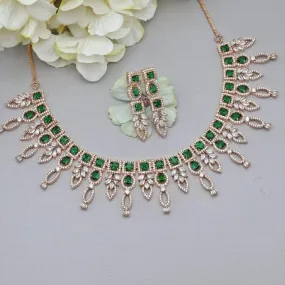 Ruma Rose Gold Emerald Green American Diamond CZ Necklace Set