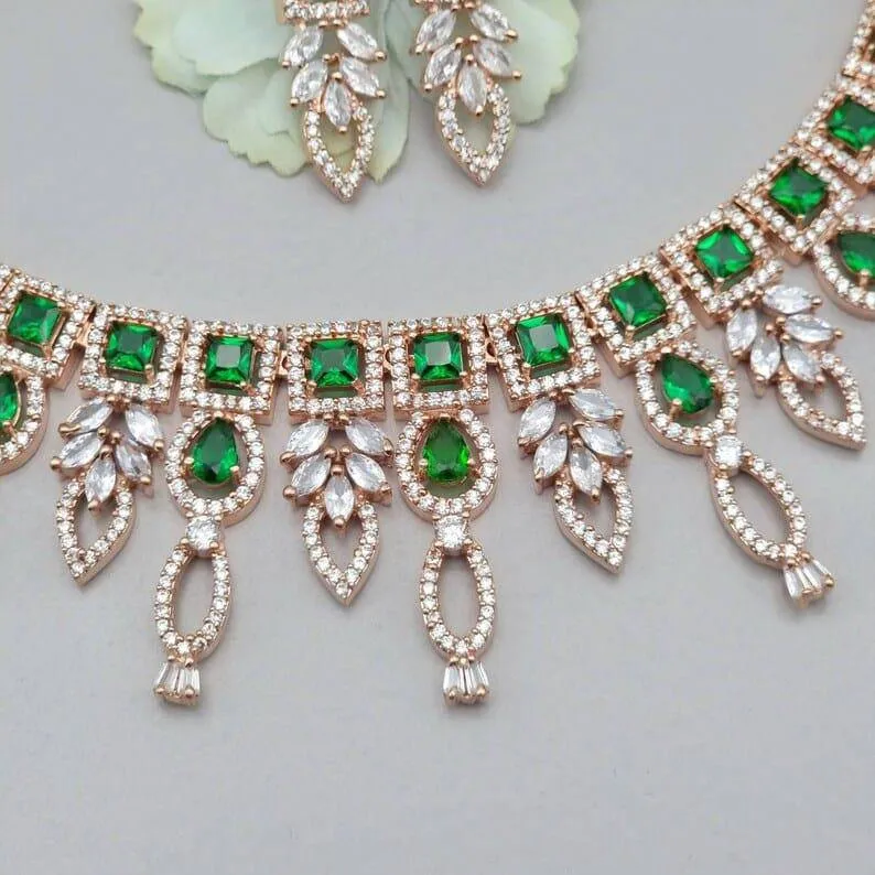 Ruma Rose Gold Emerald Green American Diamond CZ Necklace Set