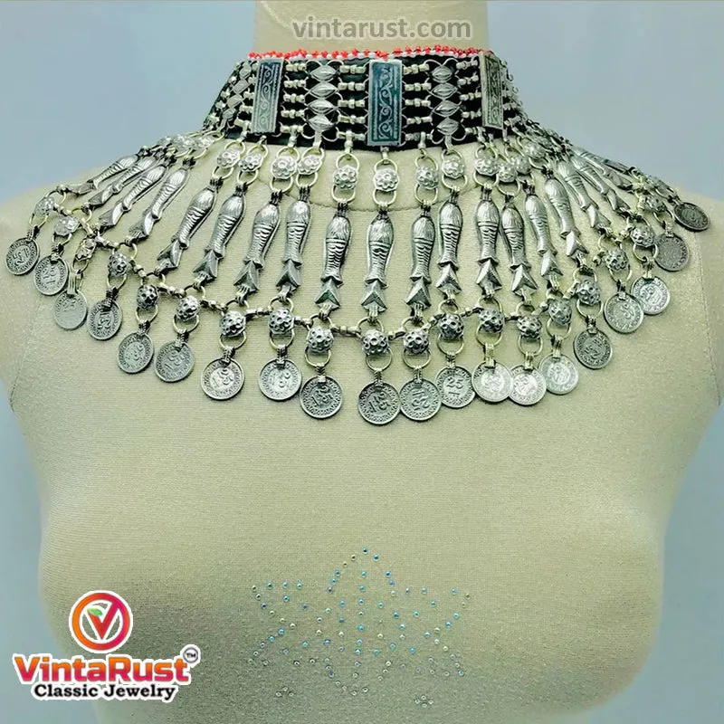 Rustic Tribal Choker with Fish Motifs Coin Accents