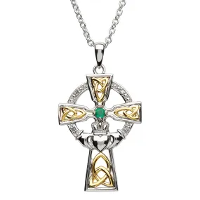 Silver Celtic Trinity Cross Set With Emerald And Diamond