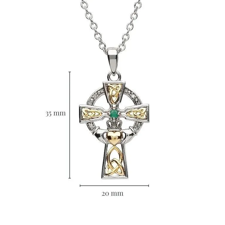 Silver Celtic Trinity Cross Set With Emerald And Diamond