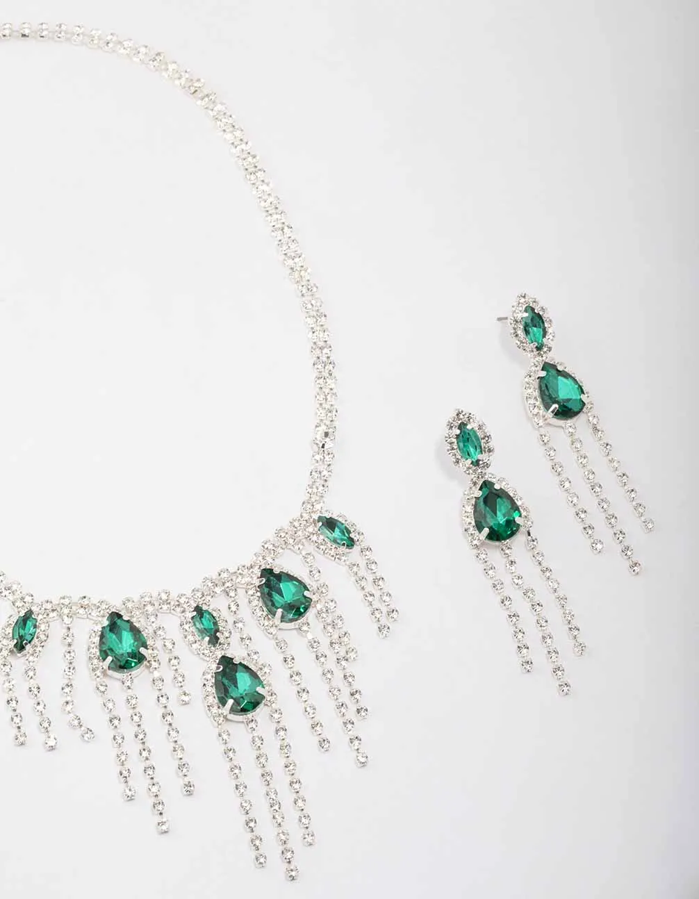 Silver Emerald & Diamante Drop Jewellery Set