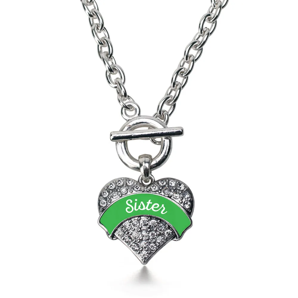 Silver Emerald Green Sister Pave Heart Charm Toggle Necklace