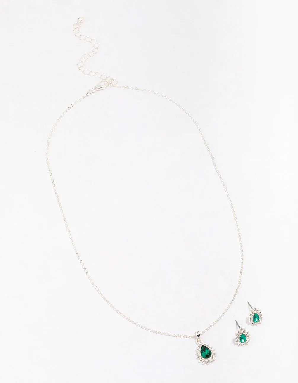 Silver Emerald Teardrop Diamante Jewellery Set