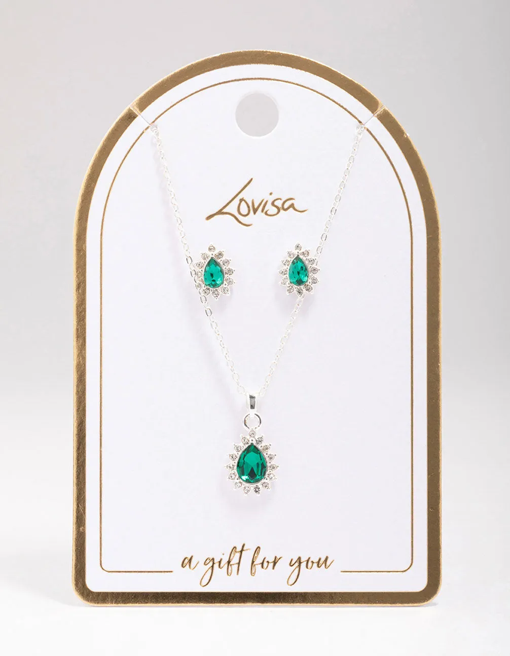 Silver Emerald Teardrop Diamante Jewellery Set