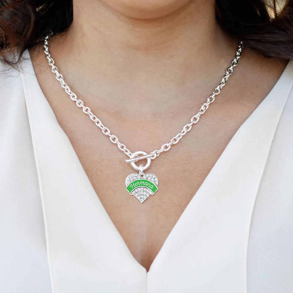 Silver Hermana - Emerald Green Pave Heart Charm Toggle Necklace