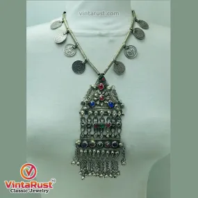 Silver Vintage Long Pendant Necklace with Coins