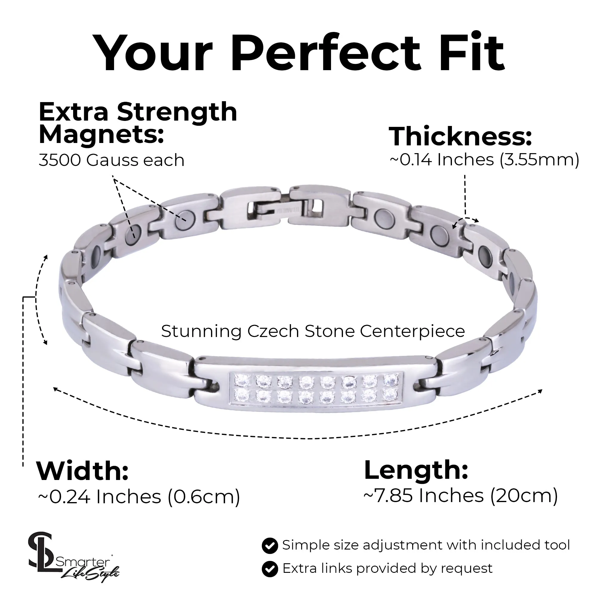 Sparkling Womens Czech Crystal Titanium Magnetic Therapy Bracelet - 7.8 Inches (20cm) / Silver