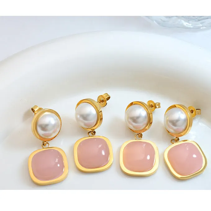 Square Pink Jade Pearl Earrings