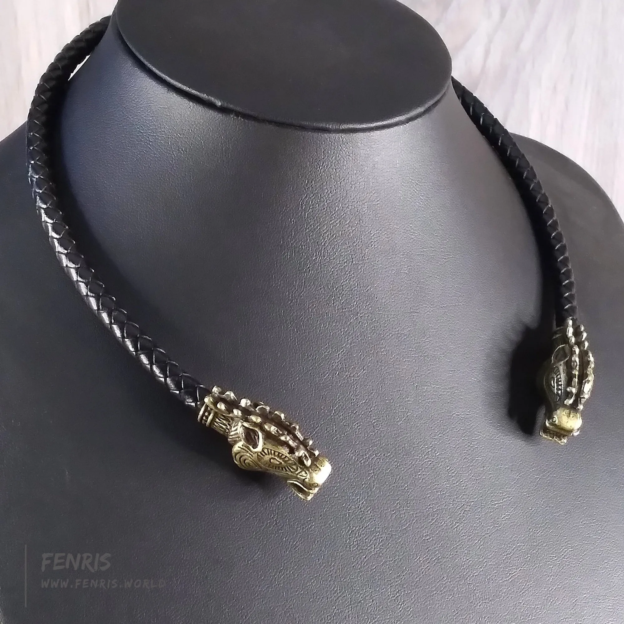 Stag Torc Necklace Bronze Black Leather Celtic Viking Style