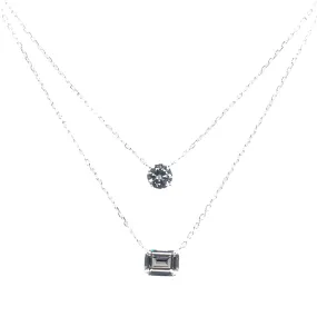 Sterling Silver Double Layered Round And Emerald Cut Cz Necklace