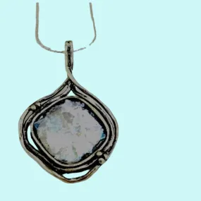 Sterling Silver necklace. Designer Jewelry Roman glass necklace.