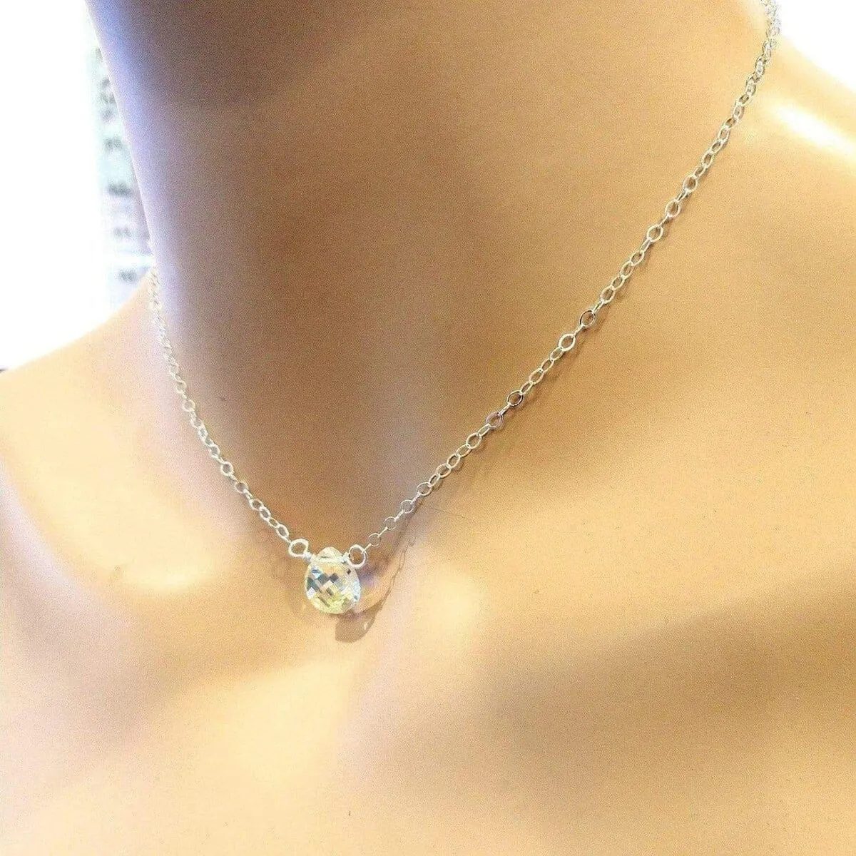 Sterling Silver Wire Wrapped Crystal Briolette Drop Necklace