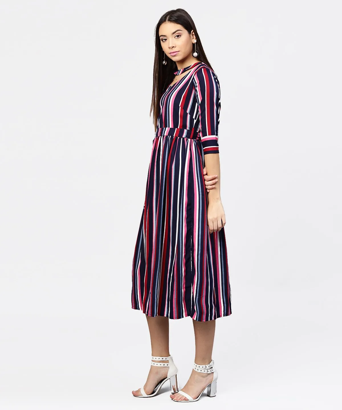 Striped Printed 3/4Th Sleeve Choker Neckline Full Length Dress With Belt