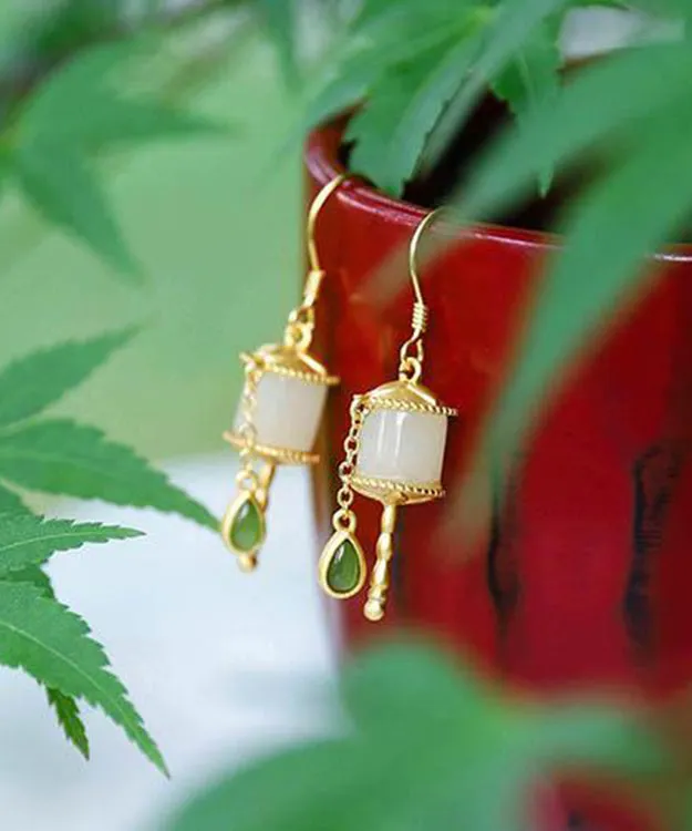 Stylish Gold The Sunflowers Silver Patchwork Jade Earrings