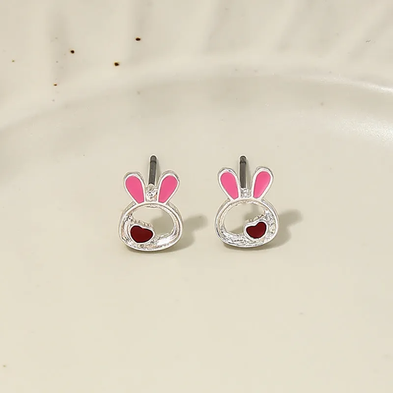 Sweet Pink Jade Rabbit Metal Earrings for Summer Girls