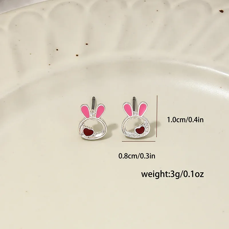 Sweet Pink Jade Rabbit Metal Earrings for Summer Girls