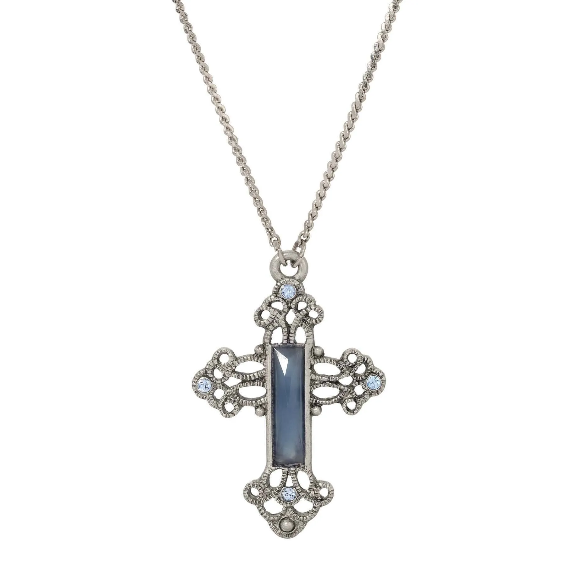 Symbols Of Faith Rectangular Stone Filigree Crystal Cross Pendant Necklace 30"