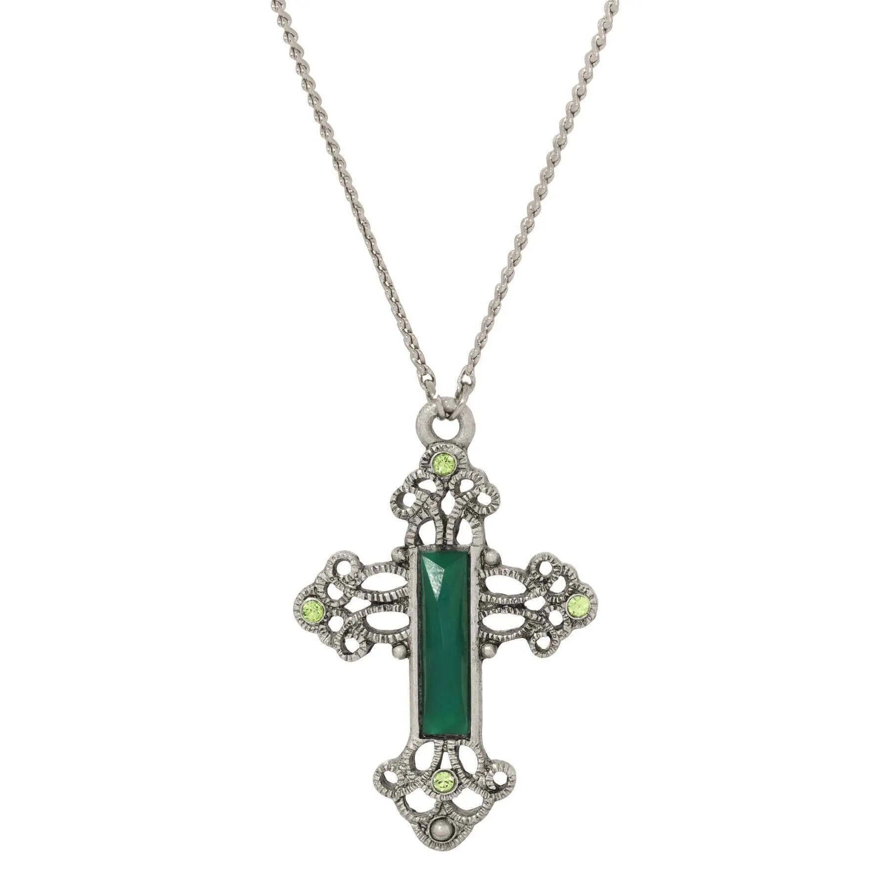 Symbols Of Faith Rectangular Stone Filigree Crystal Cross Pendant Necklace 30"