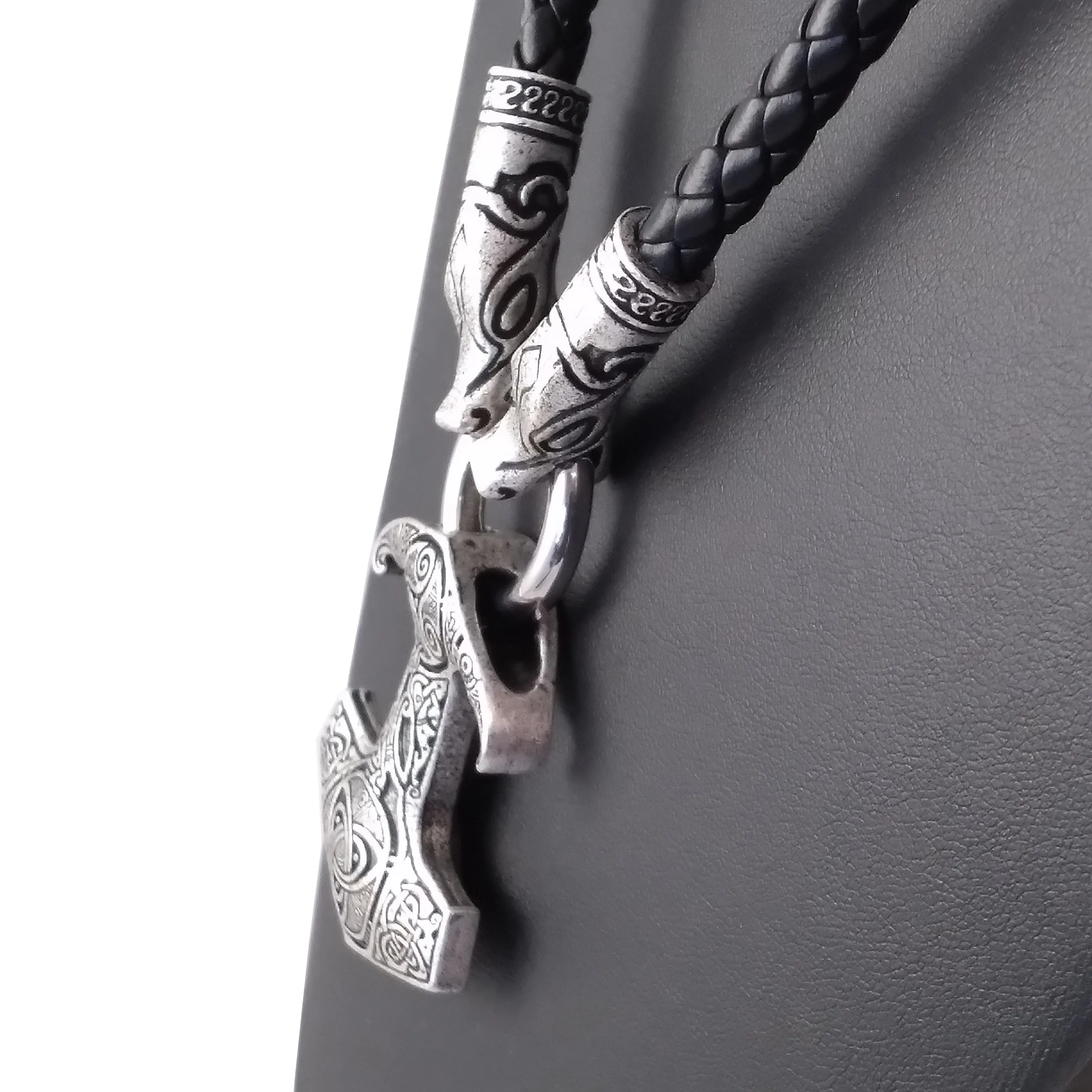 Thor's Hammer Necklace Silver Dragon Raven Black Leather Norse Viking Style