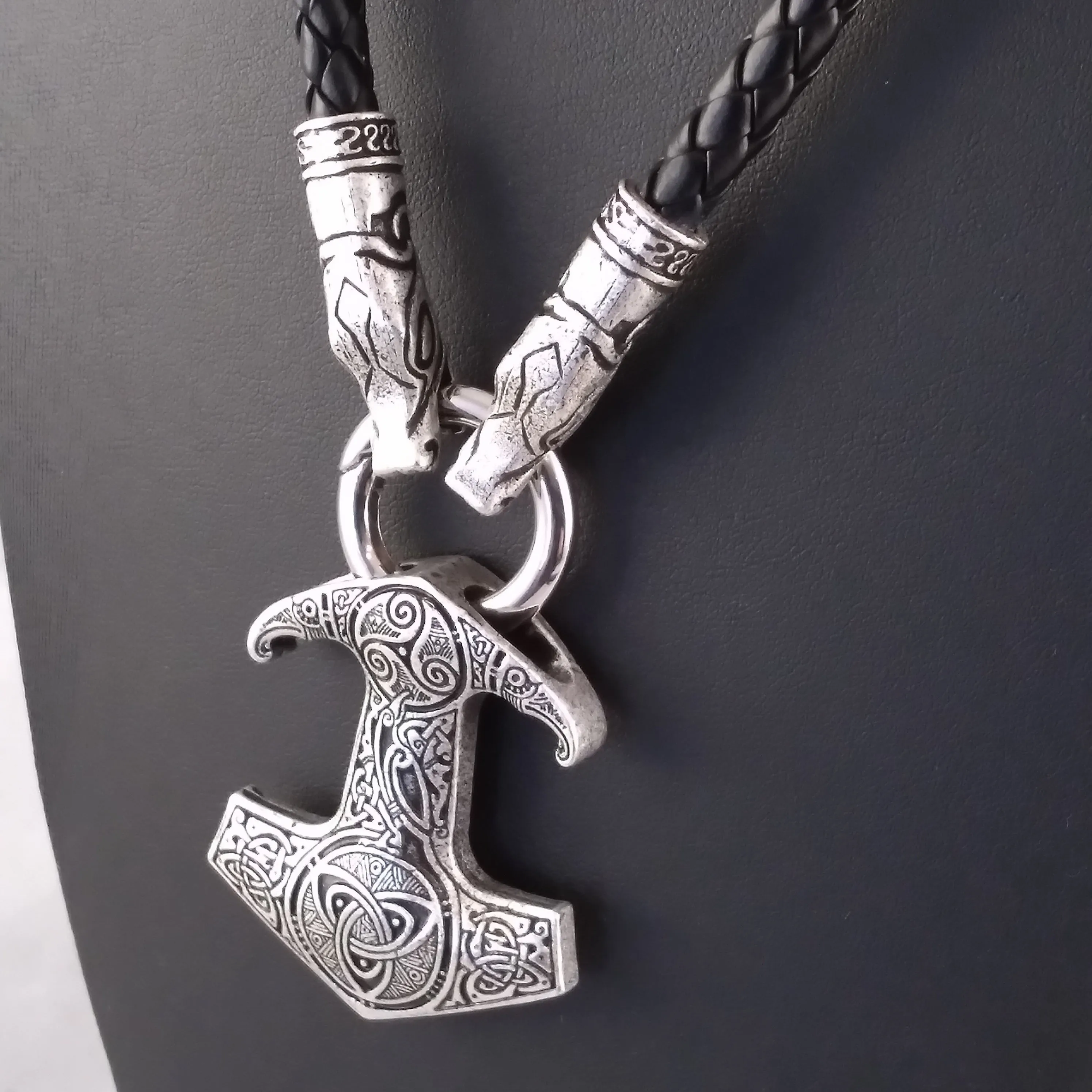 Thor's Hammer Necklace Silver Dragon Raven Black Leather Norse Viking Style