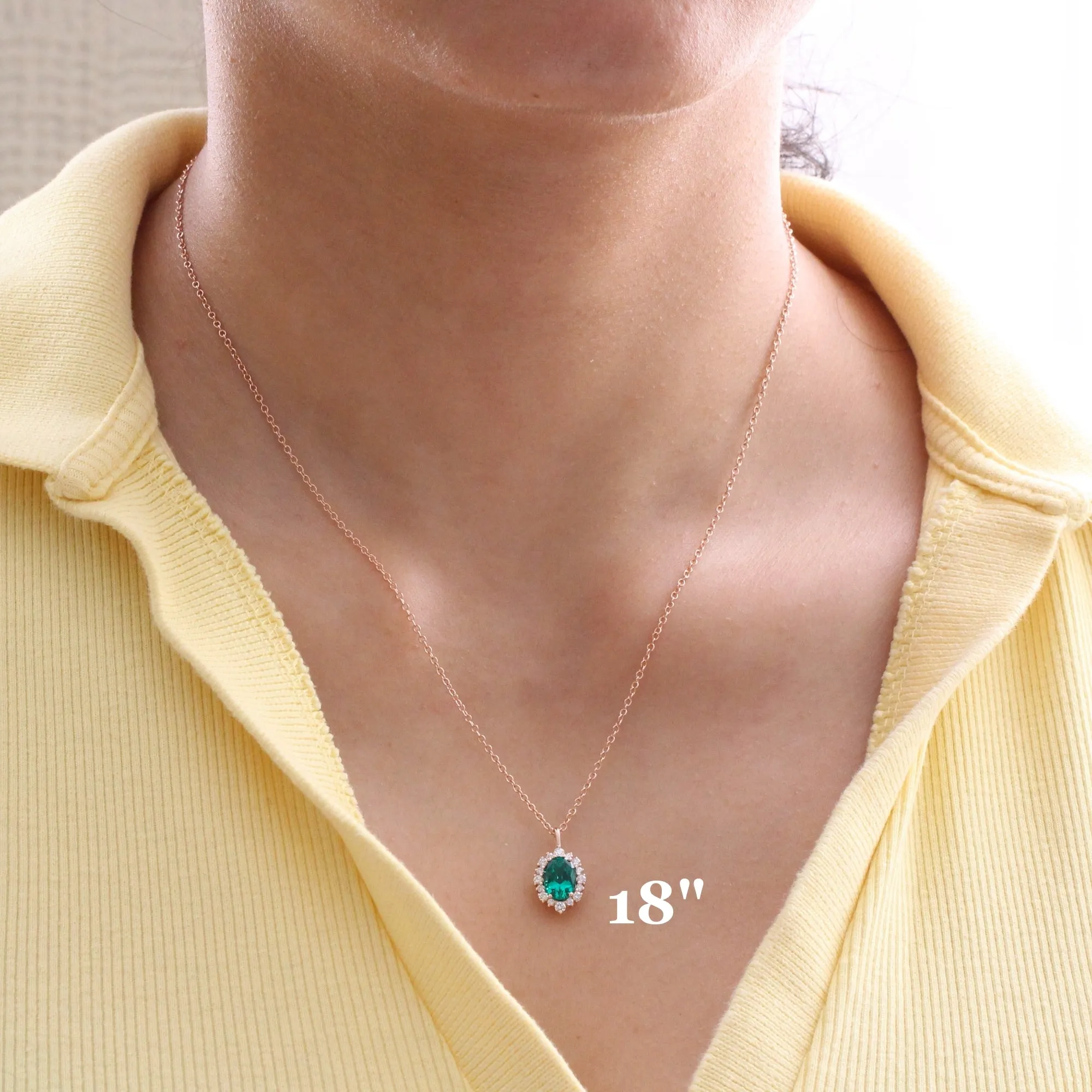 Tiara Halo Oval Emerald Necklace w/ Diamonds in 14k Gold Drop Pendant