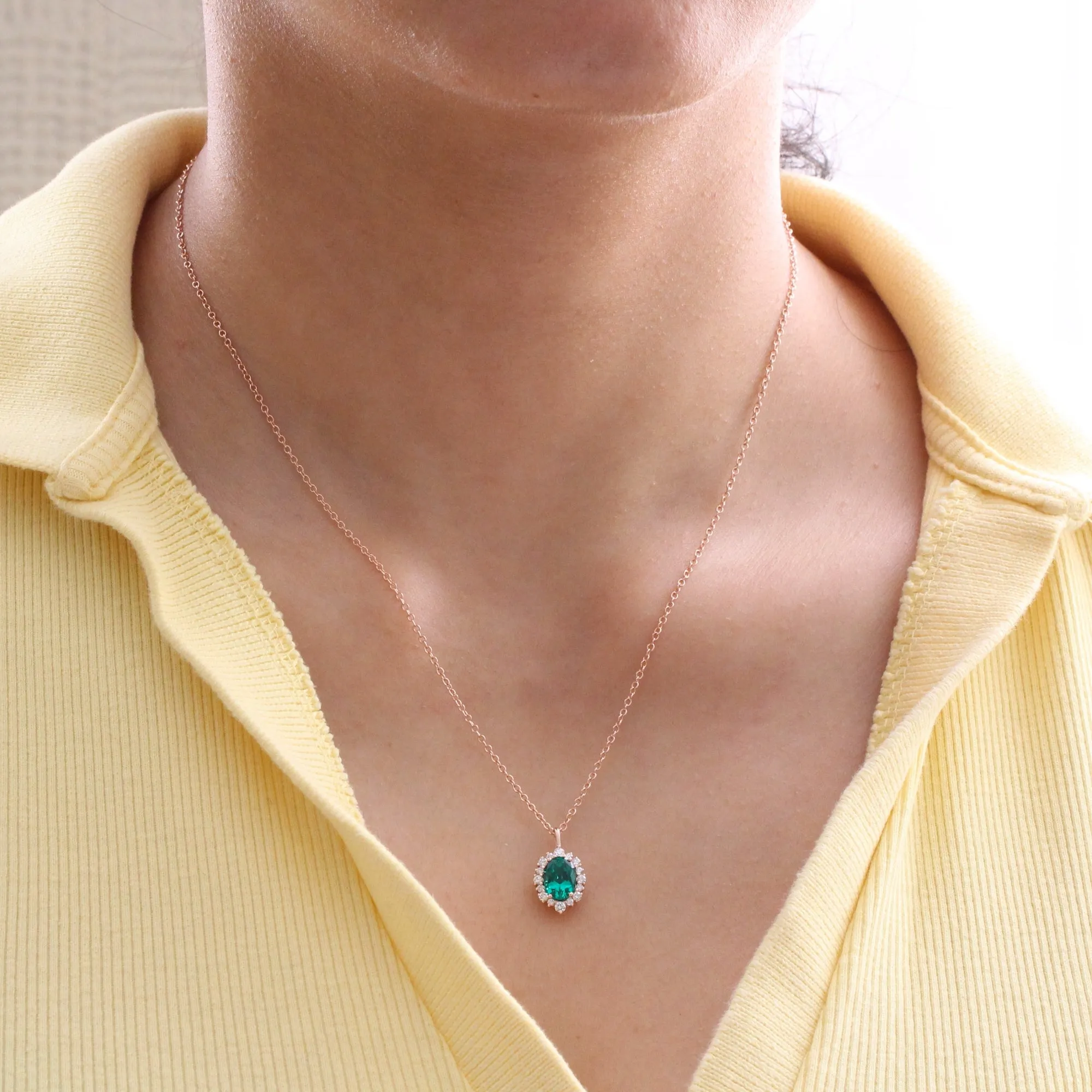 Tiara Halo Oval Emerald Necklace w/ Diamonds in 14k Gold Drop Pendant