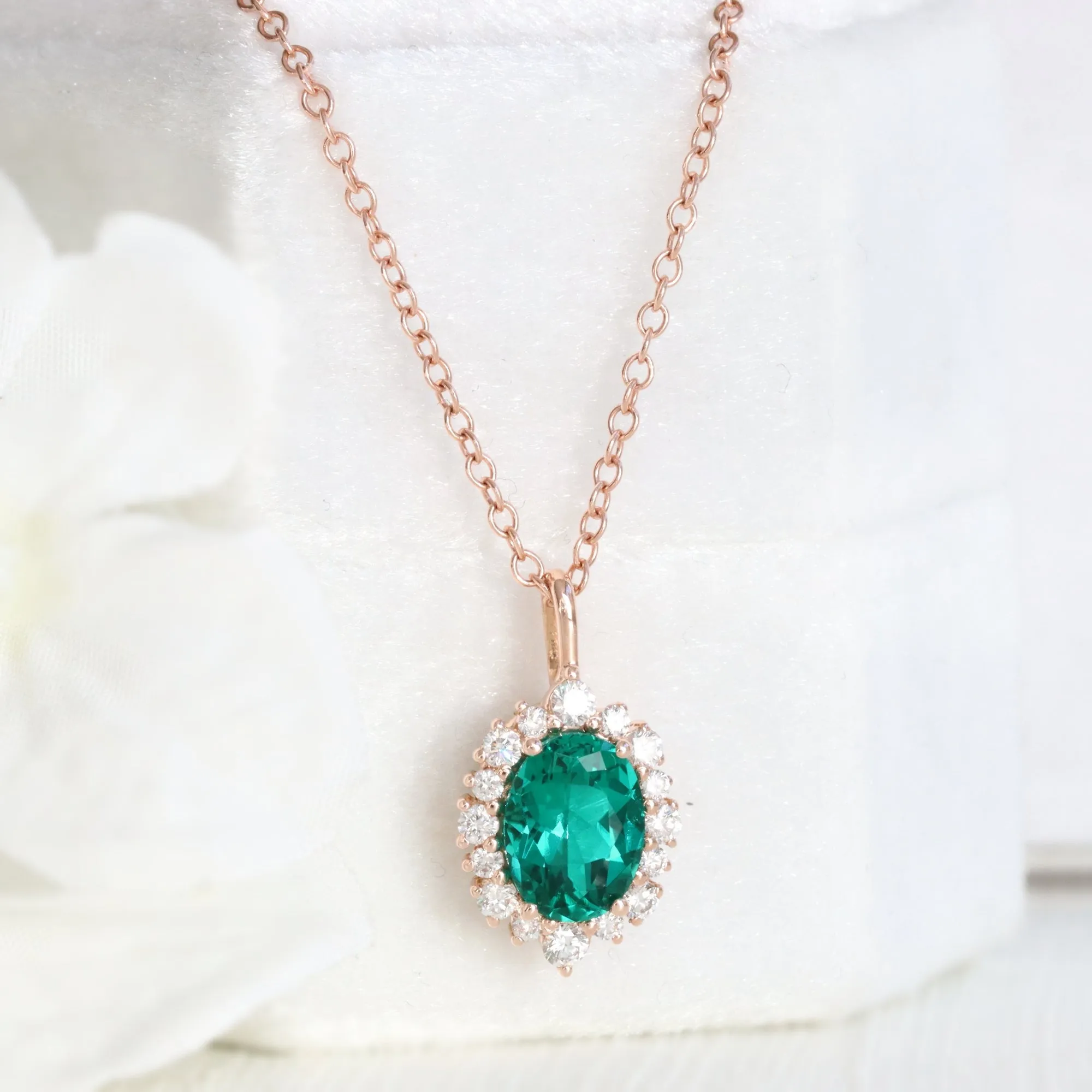 Tiara Halo Oval Emerald Necklace w/ Diamonds in 14k Gold Drop Pendant