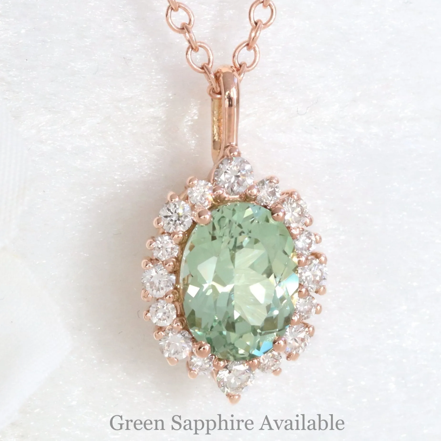 Tiara Halo Oval Emerald Necklace w/ Diamonds in 14k Gold Drop Pendant