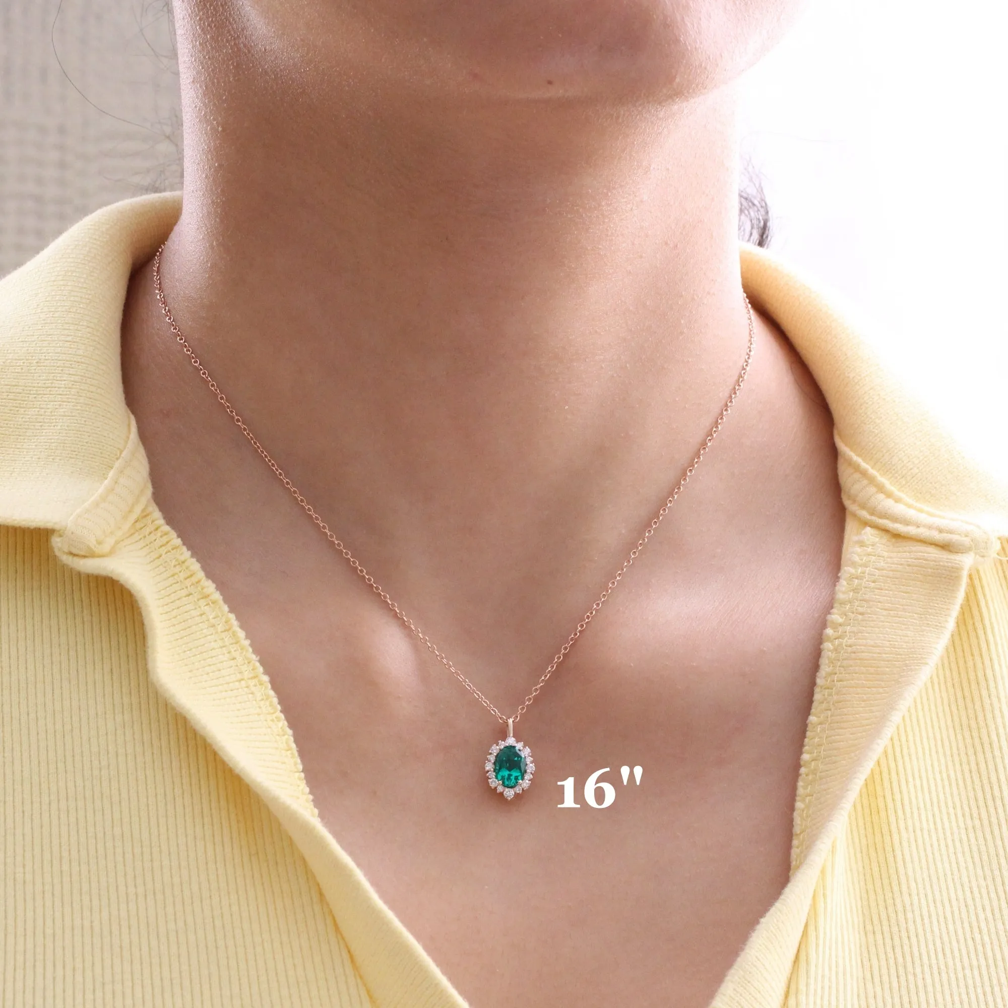 Tiara Halo Oval Emerald Necklace w/ Diamonds in 14k Gold Drop Pendant