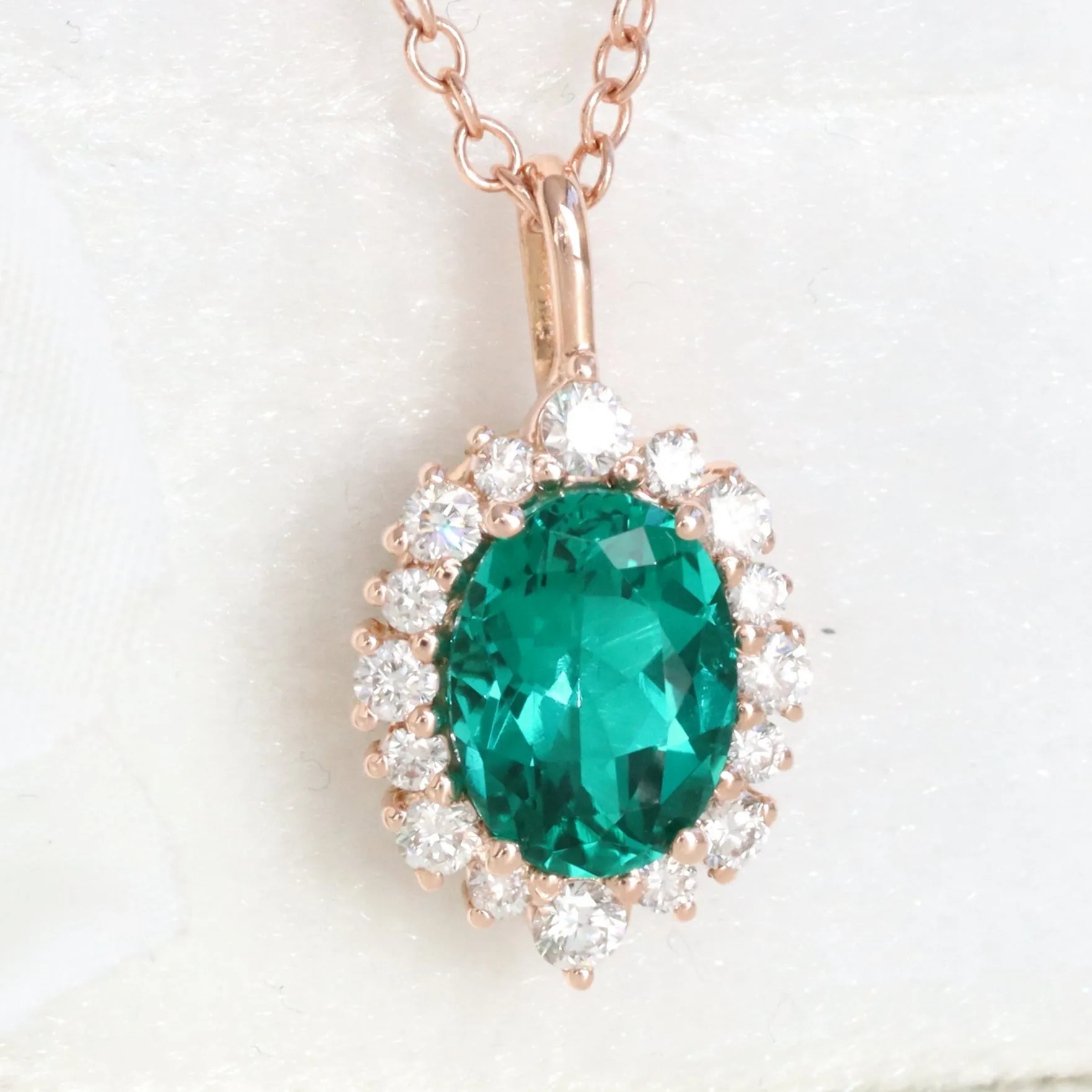 Tiara Halo Oval Emerald Necklace w/ Diamonds in 14k Gold Drop Pendant