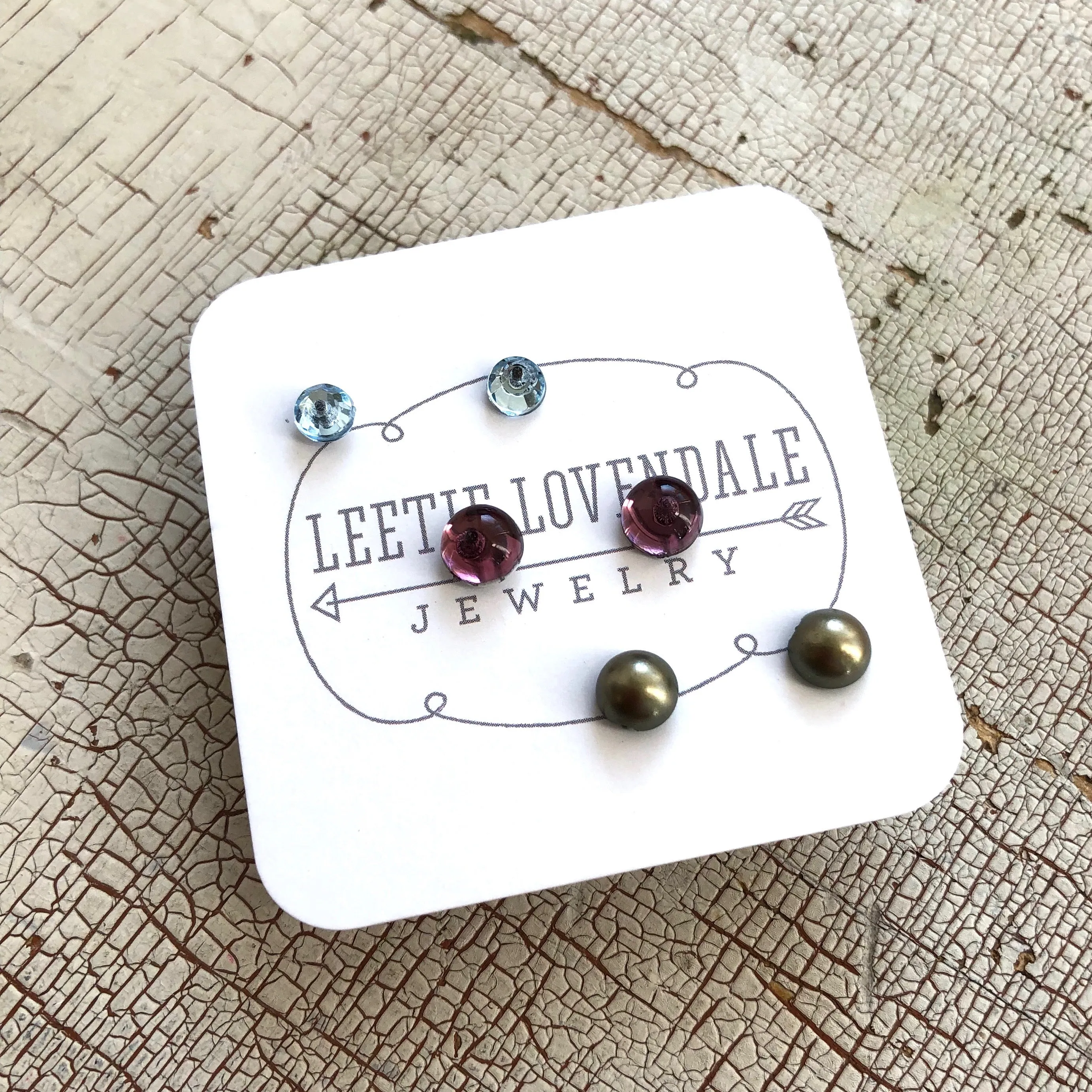 Tiny Bling & Pearls Studs Set | Green Pearl Amethyst & Ice Blue