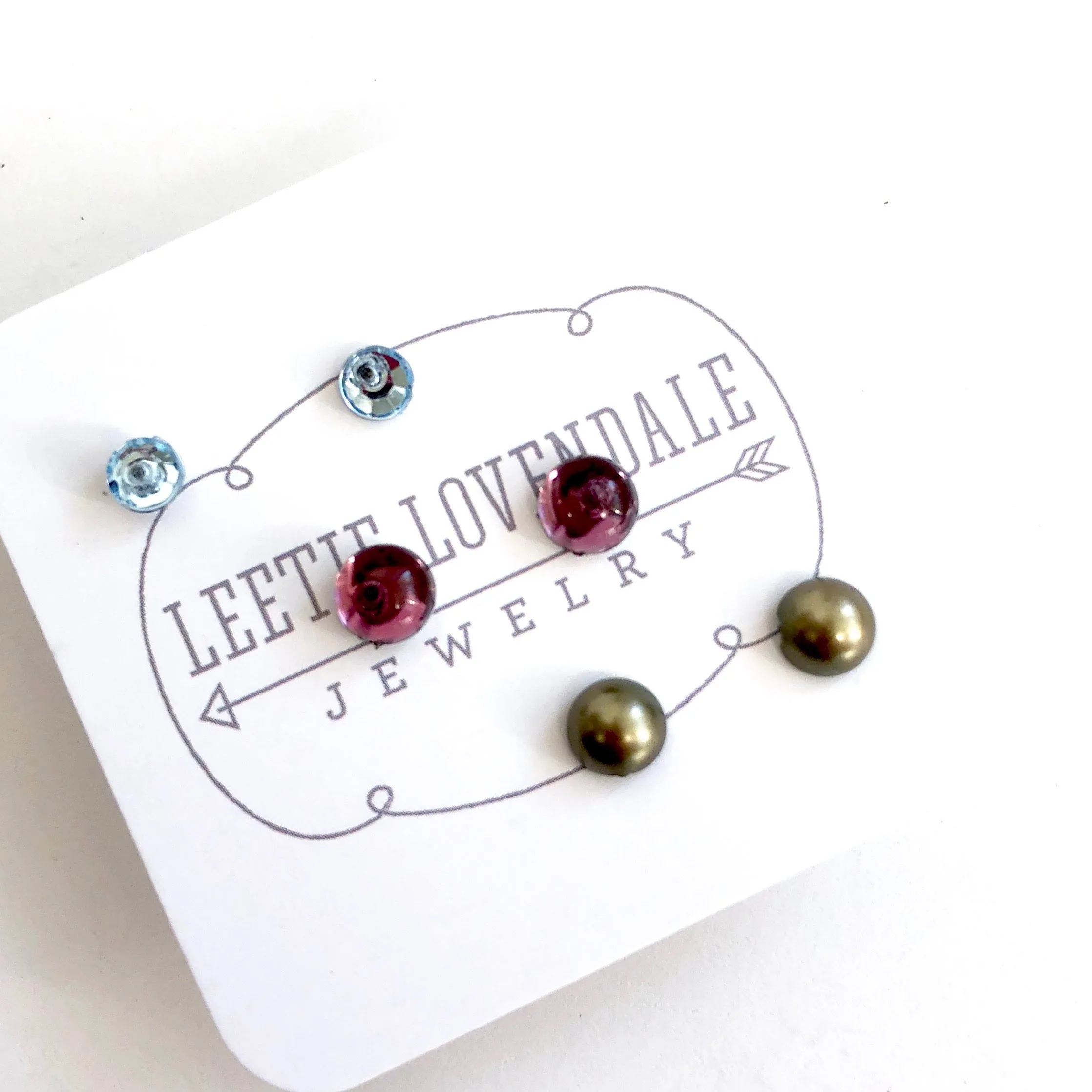 Tiny Bling & Pearls Studs Set | Green Pearl Amethyst & Ice Blue