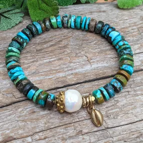 Turquoise & White Pearl Elastic Bracelet with Seashell Charm